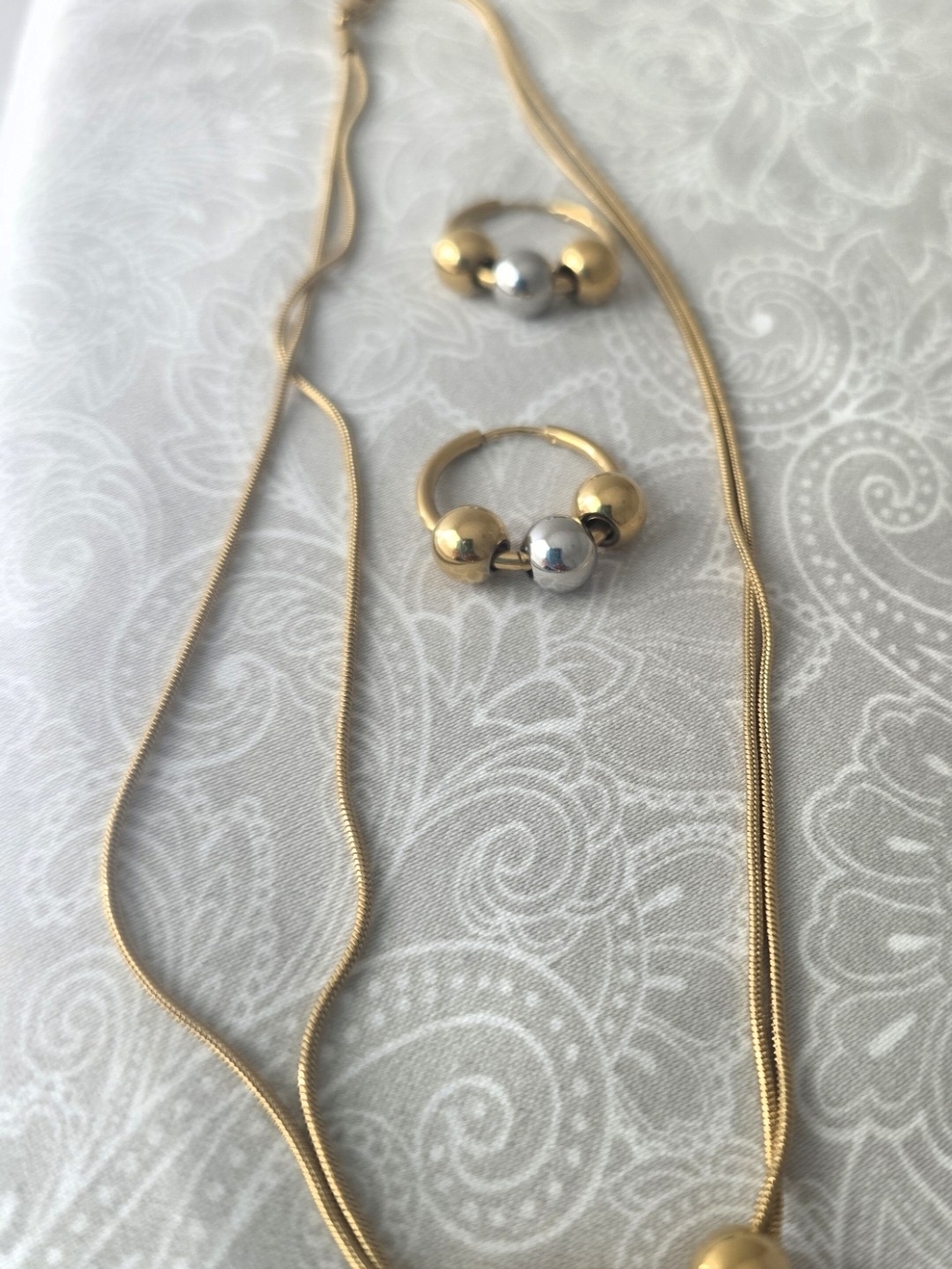 Gold and Silver Ball Hoop Earrings and Necklace Set GOLDP PLATED